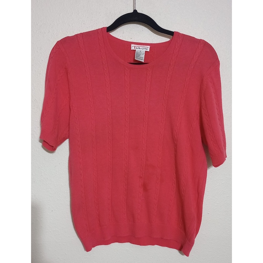 Talbots Women Coral Pink Cable Knit Short Sleeve Cotton Sweater Size S